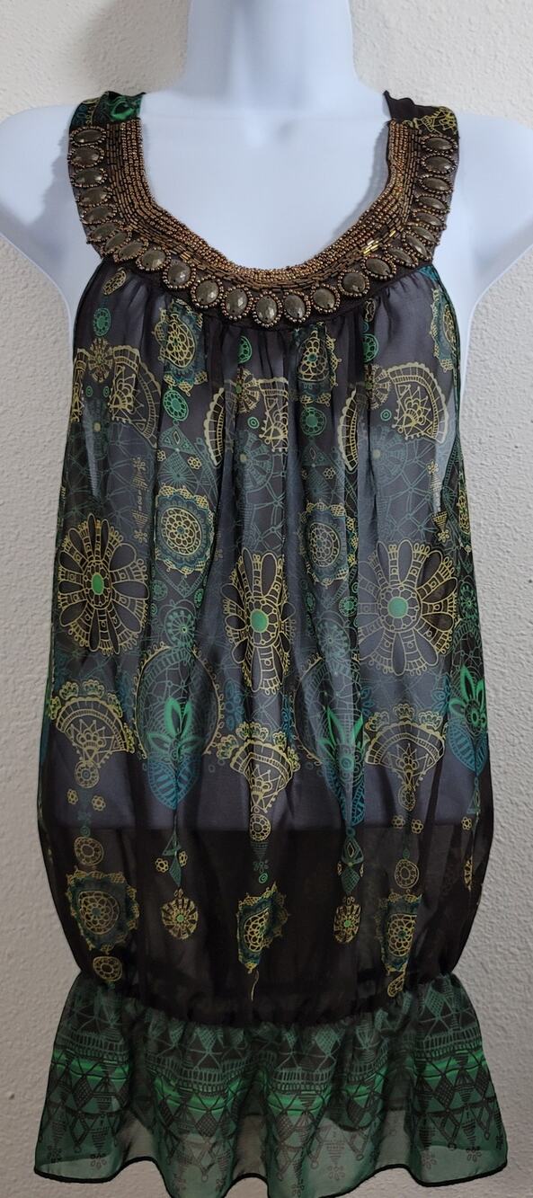 Twentyone Brown Green Sheer Beaded Neckline Top Medium Lightweight Elastic Waist